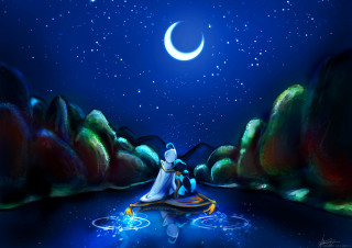Man woman boat water crescent - a painting of a man and woman free wallpaper
