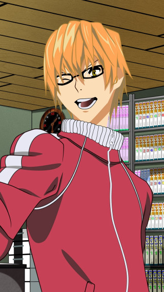 Man red jacket holding donut - anime visual free wallpaper