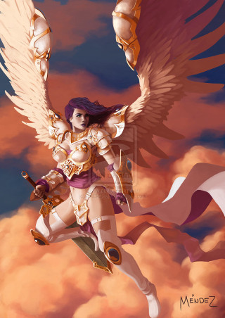 Woman wings flying sword air - art station free wallpaper