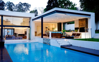 Pool patio livingroom dusk dawn - modernism free wallpaper