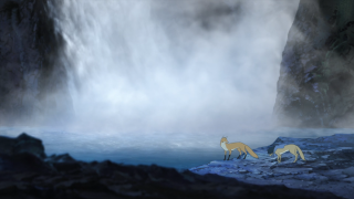 Waterfall mountains animals fog sky - don bluth free wallpaper