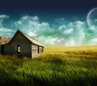 House field moon sky above - matte painting free wallpaper
