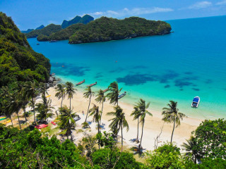Beach boat palm trees blue 2 - a blue sky and ocean in the background free wallpaper