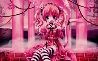 Girl pink dress bench umbrella - an umbrella over her head free wallpaper