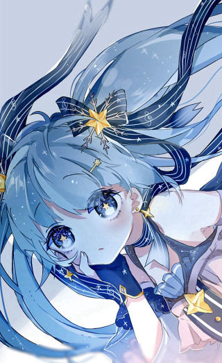 Anime girl blue hair stars - her shoulder free wallpaper