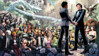 Men shaking hands crowd city - hand free wallpaper