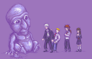 Group people giant purple creature - a yellow head free wallpaper