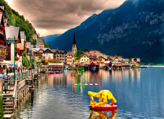 Lake boat mountain houses background - house free wallpaper