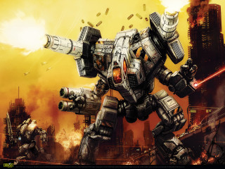 Robot laser gun city yellow - his hand and a city in the background free wallpaper