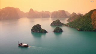 Boat water islands ocean scenery - the water and a boat free wallpaper