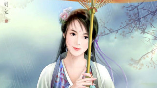 Woman umbrella rain sky tree - figurative art free wallpaper