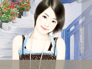 Woman necklace blue shirt building - the sidewalk free wallpaper