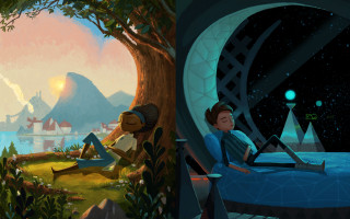 Couple chair tree lake mountain - 2 d game art free wallpaper