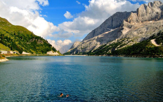 Swimming lake mountains trees cloudy - mountain and trees free wallpaper
