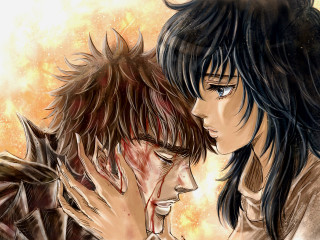 Anime couple touching faces noses - a yellow background free wallpaper for desktop