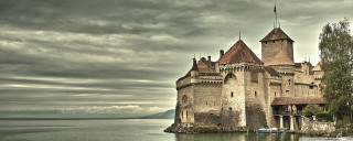 Castle lake forest trees boat - romanesque free wallpaper