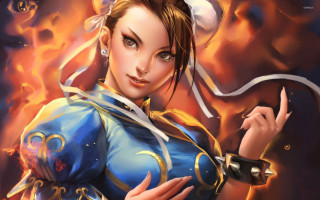 Woman blue outfit sword flame 3 - a red background behind her free wallpaper