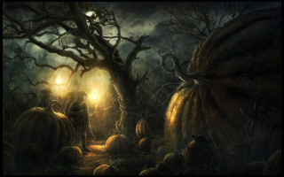 Forest people pumpkins tree light - a light free wallpaper