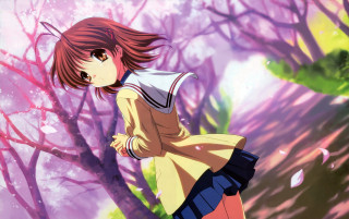 Girl dress forest trees pink - a pink sky in the background free wallpaper