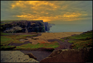 Bench cliff ocean cloudy sky - denis eden free wallpaper