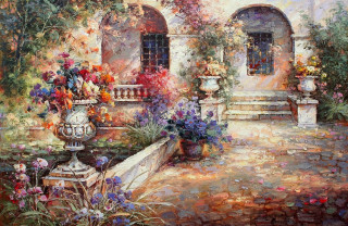 Garden flowers vase road building - an oil painting free wallpaper