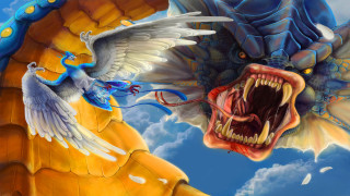 Dragon attacking bird sky clouds - pop surrealism free wallpaper
