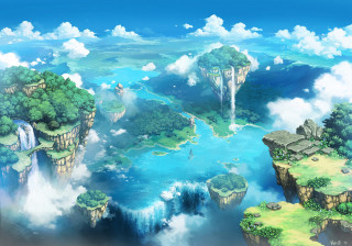 Cartoon landscape waterfall scenery nature - cloud and trees free wallpaper
