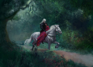 Man horse forest red cape - his head free wallpaper