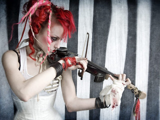 Redhair violin skull blood gothic - dieselpunk free wallpaper