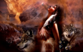 Woman feather wolves sky clouds - a feather free wallpaper