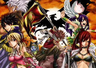 Anime characters group fire sky - epic fantasy free wallpaper for desktop