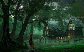 Woman red dress house woods - andreas rocha free wallpaper
