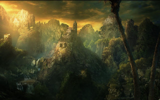 Castle forest mountain waterfall painting - christophe vacher free wallpaper