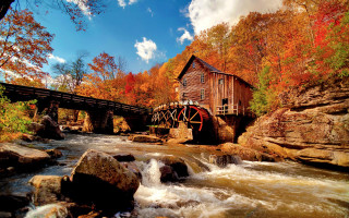 Wooden mill river bridge structure - underneath free wallpaper
