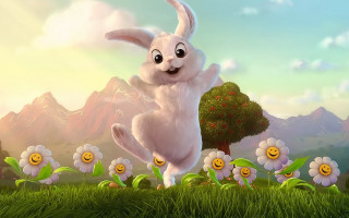 Cartoon bunny jumping field flowers 3 - unreal engine 5 quality free wallpaper