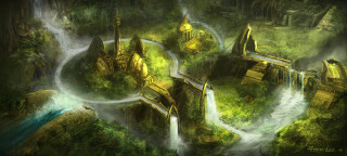 Fantasy landscape waterfall castle magic - fantasy art free wallpaper for desktop