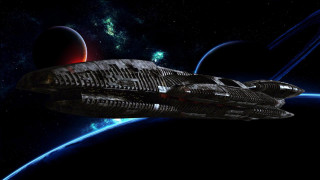 Spaceship flying through space planet 2 - sci fi free wallpaper