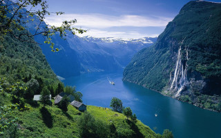 Boat water mountain waterfall house - arthur quartley free wallpaper