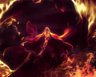 Woman red cape flames sword - a red cape free wallpaper