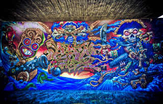 Skeleton dragon mural tunnel blue - graffiti paint free wallpaper