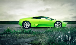Green sports car parked field - a green sports car free wallpaper