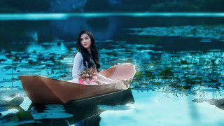 Woman boat lily pads watercolor - a blue sky background free wallpaper