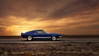 Blue mustang car sunset cloudy - the side of the road free wallpaper