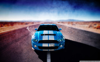 Blue mustang car desert road - the side of the road in the desert free wallpaper