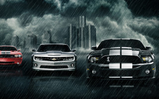 Three cars rain city skyline - skyscraper free wallpaper