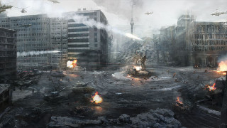 Futuristic city smoke flames buildings - craig mullins free wallpaper