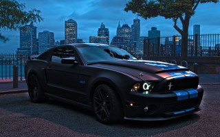 Black mustang car city skyline - matte finish free wallpaper