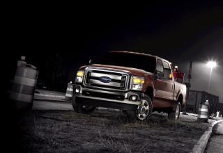 Red truck night road lights - the side of a road free wallpaper
