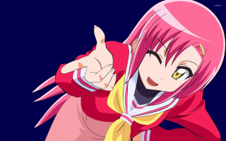 Woman pink hair pointing smiling - her finger free wallpaper