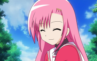 Girl pink hair backpack forest - smiling free wallpaper